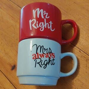 Stackable Set Mr. Mrs. Always Right Red White Coffee Mugs Wedding Gft